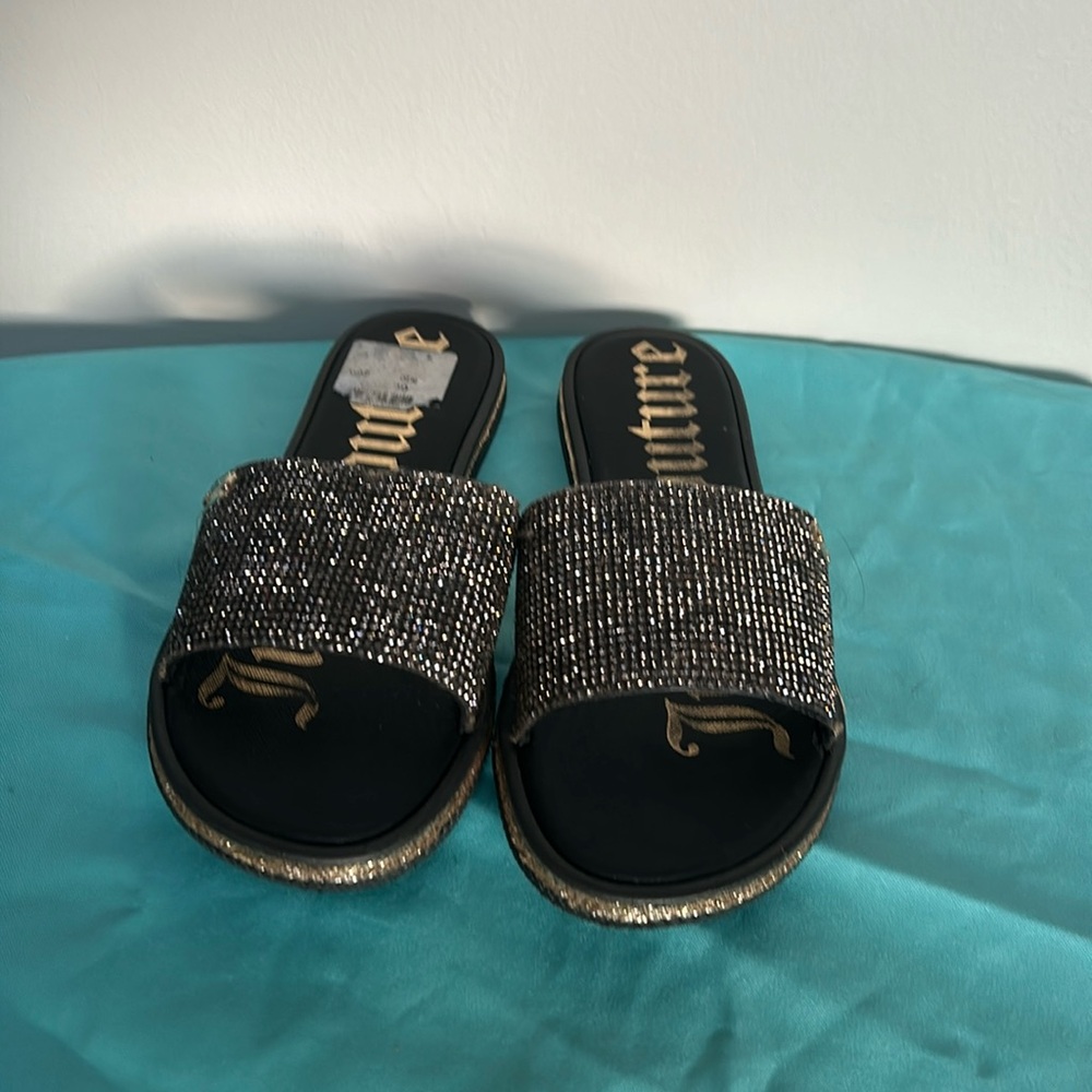 Juicy Couture Yumi black gold glam flats slides size 9.5 new